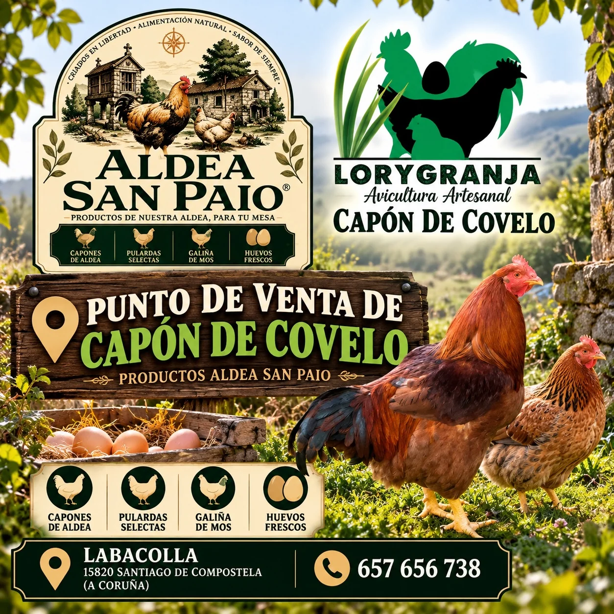 Cartel de Aldea San Paio y Capón de Covelo, punto de venta en Lavacolla, Santiago de Compostela