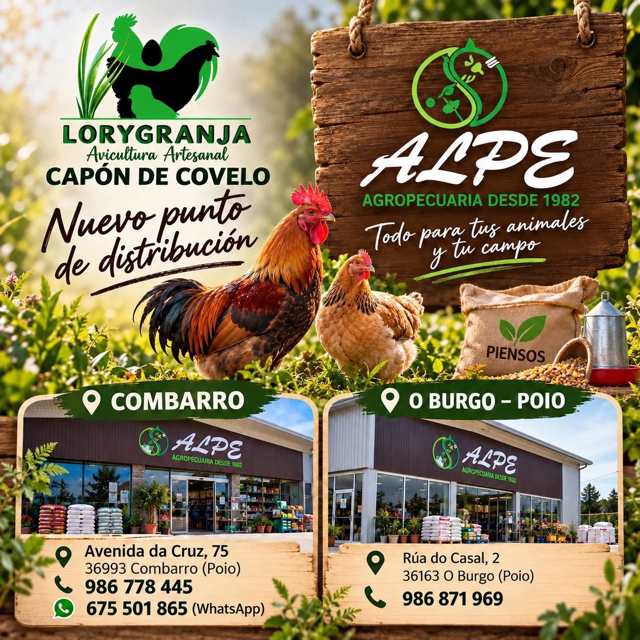 Cartel de Lorygranja y ALPE Agropecuaria, puntos de distribución de Combarro y O Burgo, Poio