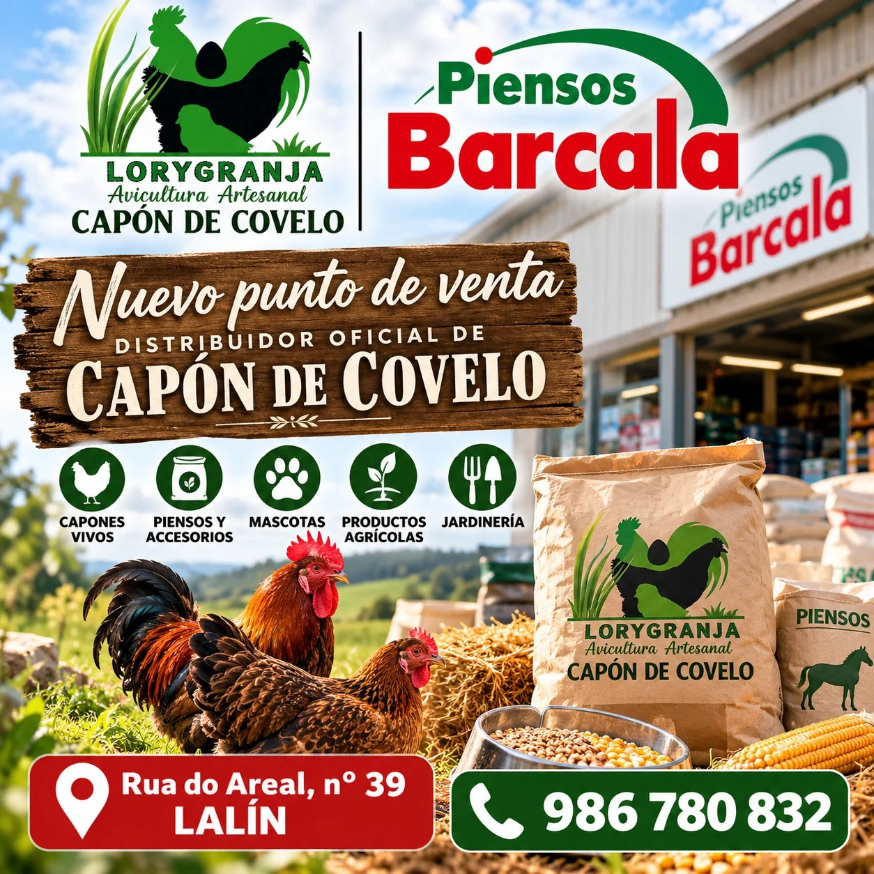 Cartel de Piensos Barcala como distribuidor de Capón de Covelo en Lalín