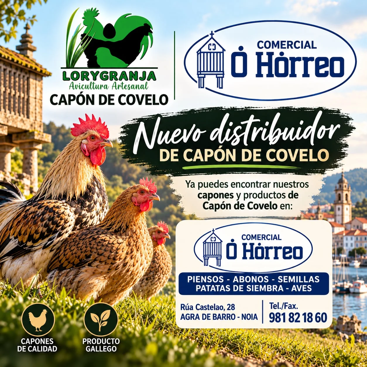 Cartel de Comercial O Hórreo, distribuidor de Capón de Covelo en Noia